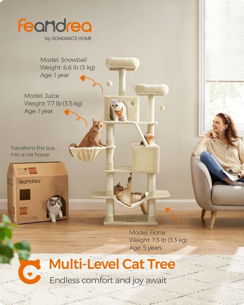 Feandrea 66.1-Inch Multi-Level Cat Tower with Scratching Posts, Perches, Caves, Basket, Hammock, and Pompoms for Indoor Cats