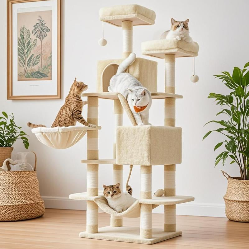 Feandrea 66.1-Inch Multi-Level Cat Tower with Scratching Posts, Perches, Caves, Basket, Hammock, and Pompoms for Indoor Cats