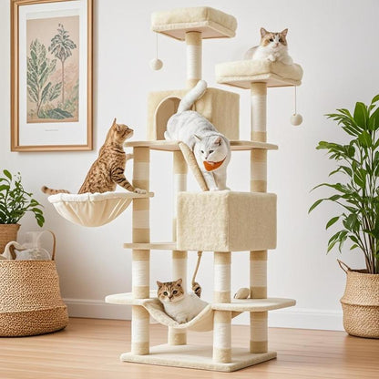 Feandrea 66.1-Inch Multi-Level Cat Tower with Scratching Posts, Perches, Caves, Basket, Hammock, and Pompoms for Indoor Cats