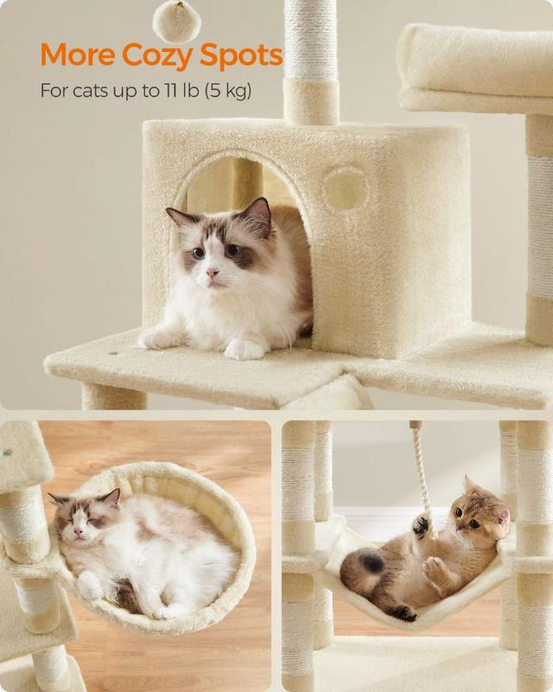 Feandrea 66.1-Inch Multi-Level Cat Tower with Scratching Posts, Perches, Caves, Basket, Hammock, and Pompoms for Indoor Cats