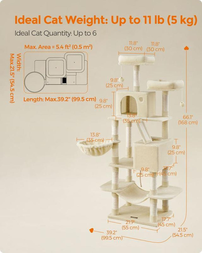 Feandrea 66.1-Inch Multi-Level Cat Tower with Scratching Posts, Perches, Caves, Basket, Hammock, and Pompoms for Indoor Cats