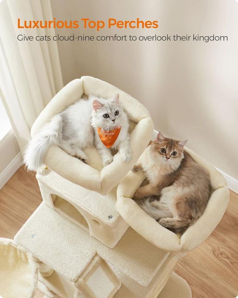 Feandrea 66.1-Inch Multi-Level Cat Tower with Scratching Posts, Perches, Caves, Basket, Hammock, and Pompoms for Indoor Cats