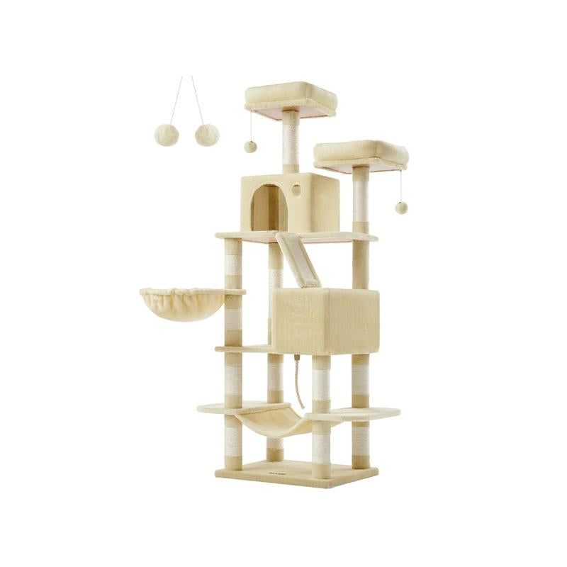 Feandrea 66.1-Inch Multi-Level Cat Tower with Scratching Posts, Perches, Caves, Basket, Hammock, and Pompoms for Indoor Cats