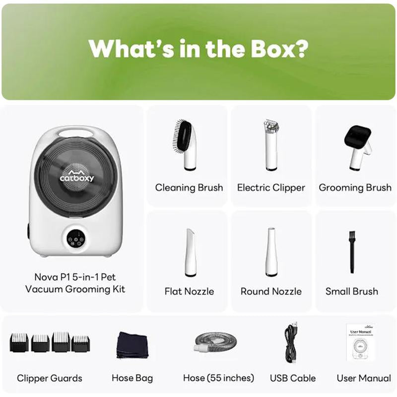 【Buy 1 Get 1 Free Gift】Catboxy Nova P1 5-In-1 Professional Cat Stuff Dog Products Pet Grooming Kit Dry Brush Trim Vacuum Clean Quiet Efficient All-In-One Solution for Pet Hair 2-Year Warranty