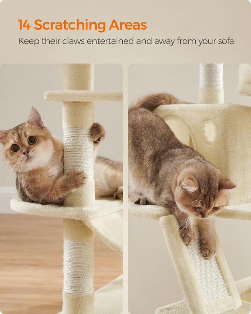 Feandrea 66.1-Inch Multi-Level Cat Tower with Scratching Posts, Perches, Caves, Basket, Hammock, and Pompoms for Indoor Cats